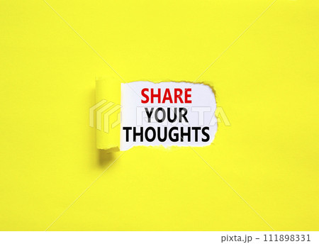 Share your thoughts symbol. Concept words Share your thoughts on beautiful white paper. Beautiful yellow paper background. Business share your thoughts concept. Copy space. Share your thoughts symbol. Concept words Share your thoughts on beautiful white paper. Beautiful yellow paper background. Business share your thoughts concept. Copy space. 111898331