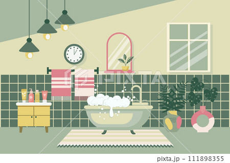 Cozy bathroom. Bathroom interior with bathroom furniture, bathtub, washbasin, towels, mirror, window, house plants. Flat illustration. Vector 111898355