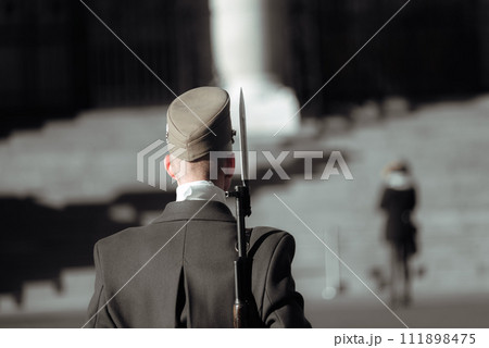 Hungarian honor guard standing in front of the Hungarian Parliament building. Budapest, Hungary Hungarian honor guard standing in front of the Hungarian Parliament building. Budapest, Hungary 111898475