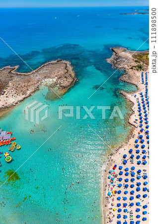 Nissi beach in Ayia Napa, aerial photo of most famous beach in Cyprus 111898500