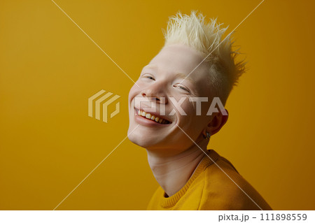 Happy Authentic handsome man with fair skin and white hair on a yellow background 111898559