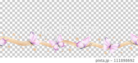 Watercolor seamless border. PInk, beige golden ribbons, butterfly, golden line elements. Hand drawn isolated on white background. For cards, design, 111898692