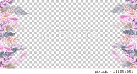 Horizontal banner with watercolor Ethnic pink tribal feathers for your business. Hand drawn illustration isolated on white 111898693