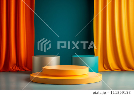 3d rendering of minimal geometric forms. Blue and orange podiums for product presentation. Fashion show stage 3d rendering of minimal geometric forms. Blue and orange podiums for product presentation. Fashion show stage 111899158