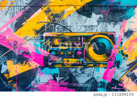Boombox tape recorder with colorful funky arrows and notes , positioned in front of vibrant graffiti Boombox tape recorder with colorful funky arrows and notes , positioned in front of vibrant graffiti 111899159