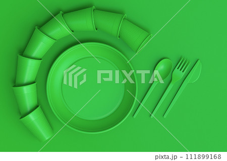 Set of disposable utensils like plate, folk, spoon,knife, cup and pepper mill 111899168