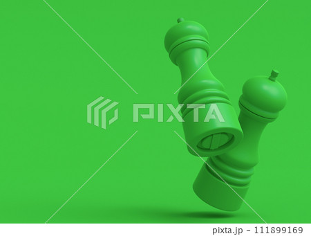 Set of salt or pepper wooden mill filled with peppercorns on monochrome green Set of salt or pepper wooden mill filled with peppercorns on monochrome green 111899169