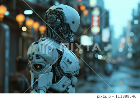 Futuristic android stands amidst sci-fi city, artificial intelligence with urban cybernetic tableau Futuristic android stands amidst sci-fi city, artificial intelligence with urban cybernetic tableau 111899346