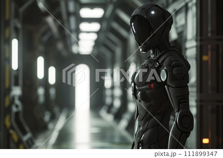 Futuristic android stands amidst sci-fi city, artificial intelligence with urban cybernetic tableau 111899347