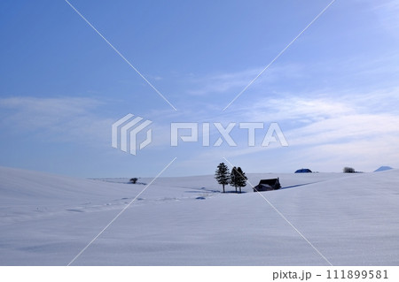 冬の北海道 美瑛 赤い屋根の家のある丘 111899581
