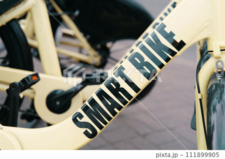 A detailed shot of a sleek bicycle parked on a sidewalk, showcasing its advanced features like a crankset, rim, and bicycle tire A detailed shot of a sleek bicycle parked on a sidewalk, showcasing its advanced features like a crankset, rim, and bicycle tire 111899905