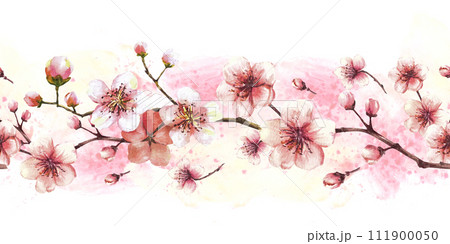 Blossoming branch from tree, sakura, cherry or apple buds and flowers seamless border, pattern on watercolor stains background. Spring blossoms, springtime clipart. Hand drawn isolated illustration Blossoming branch from tree, sakura, cherry or apple buds and flowers seamless border, pattern on watercolor stains background. Spring blossoms, springtime clipart. Hand drawn isolated illustration 111900050