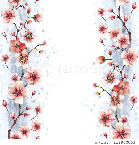 Blossoming branch from tree, spring sakura, cherry or apple buds and flowers seamless vertical border, frame on watercolor grey stains background. Springtime clipart Hand drawn isolated illustration Blossoming branch from tree, spring sakura, cherry or apple buds and flowers seamless vertical border, frame on watercolor grey stains background. Springtime clipart Hand drawn isolated illustration 111900053