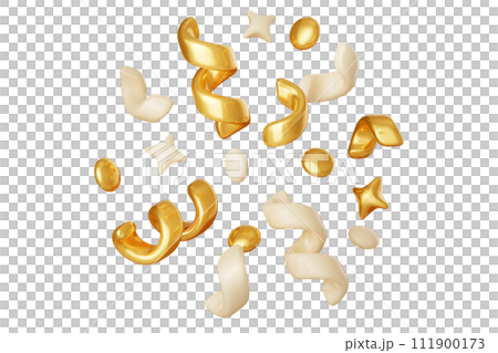 3d confetti golden and beige streamer in 3d render illustration for win or birthday design. Floating firecracker gold serpentine with ribbons and twinkles for congratulation or surprise concept. 111900173