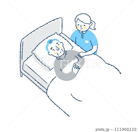 ベッドに寝ているシニア男性と介護している女性 111900220