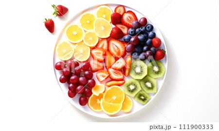 AI-generated content. Top view of colorful raw cut fruits including oranges, kiwis, grapes, strawberries on white plate, white background AI-generated content. Top view of colorful raw cut fruits including oranges, kiwis, grapes, strawberries on white plate, white background 111900333