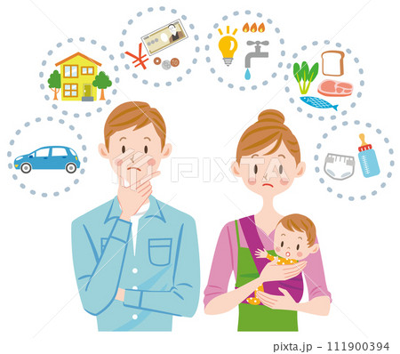家計を考える夫婦　赤ちゃんを抱っこするママ 111900394