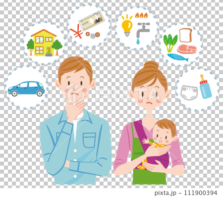 家計を考える夫婦　赤ちゃんを抱っこするママ 111900394