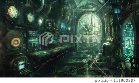 inside futuristic robot city futuristic looking room with large numbers, in the style of intricate steampunk precise cluttered, seapunk, skillful lighting, industrial machinery aesthetics 111900587