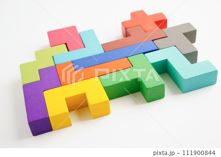 Logical thinking and problem solving problem solution creative business concept, wooden puzzle geometric block shape. Logical thinking and problem solving problem solution creative business concept, wooden puzzle geometric block shape. 111900844