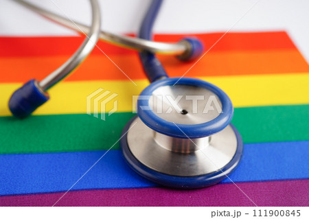 LGBT symbol, Stethoscope with rainbow ribbon, rights and gender equality, LGBT Pride Month in June. LGBT symbol, Stethoscope with rainbow ribbon, rights and gender equality, LGBT Pride Month in June. 111900845