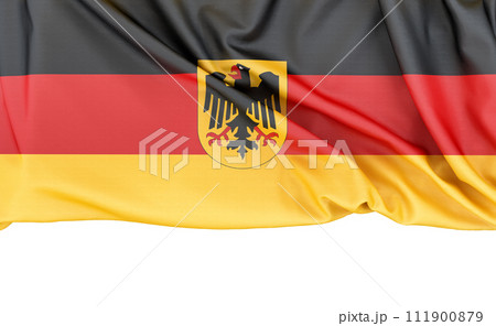 Flag of Germany (with coat of arms) isolated on white background with copy space below. 3D rendering Flag of Germany (with coat of arms) isolated on white background with copy space below. 3D rendering 111900879