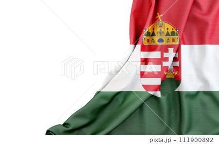 Flag of Hungary (with coat of arms) with empty space on the left. Isolated. 3D Rendering Flag of Hungary (with coat of arms) with empty space on the left. Isolated. 3D Rendering 111900892