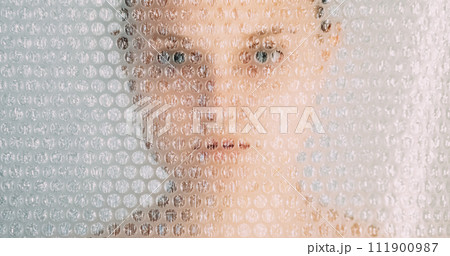 Plastic pollution problem woman face bubble wrap Plastic pollution problem woman face bubble wrap 111900987