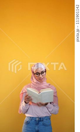 Book reading learning student delighted girl hijab 111901142