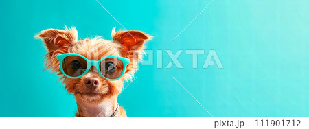 AI-generated content. Fashionable Small Dog Wearing Sunglasses on a Bright Teal Background AI-generated content. Fashionable Small Dog Wearing Sunglasses on a Bright Teal Background 111901712