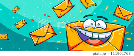 AI-generated content. A happy cartoon painting of a smiling face surrounded by electric blue flying envelopes with a font of triangular art. 111901768