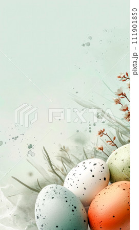 AI-generated content. Speckled Easter eggs amid delicate spring flora, embodying the gentle spirit of the season 111901850