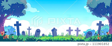AI-generated content. A tranquil cemetery with numerous graves and trees under a cloudy sky, copy space 111901852