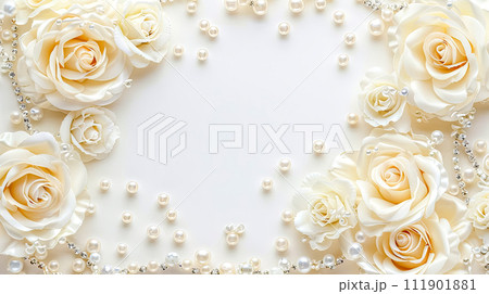 AI-generated content. A white background adorned with white roses and pearls, copy space AI-generated content. A white background adorned with white roses and pearls, copy space 111901881