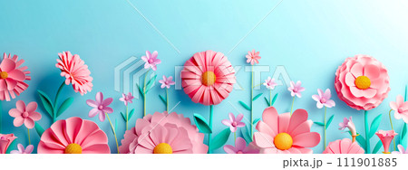 AI-generated content. cheerful arrangement of 3D paper-style flowers in shades of pink and peach against a soft blue background, creating a fresh and minimalist springtime display. 111901885