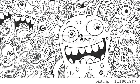 AI-generated content. Whimsical Monster Doodles in Black and White for Kids' Coloring Page 111901887