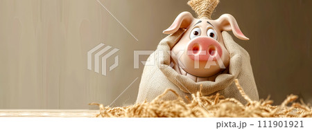 AI-generated content. Adorable Cartoon Pig Peeking from Burlap Sack with Straw Background AI-generated content. Adorable Cartoon Pig Peeking from Burlap Sack with Straw Background 111901921