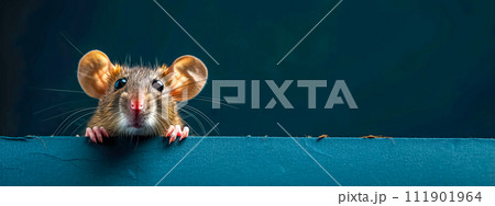 AI-generated content. A curious mouse with a fawn snout playfully peeks over an electric blue wall, adding a touch of fun to the art-filled space. copy space 111901964