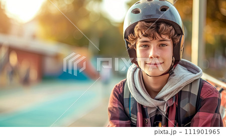 AI-generated content. Happy young boy wearing a helmet and backpack, enjoying leisure time, copy space AI-generated content. Happy young boy wearing a helmet and backpack, enjoying leisure time, copy space 111901965