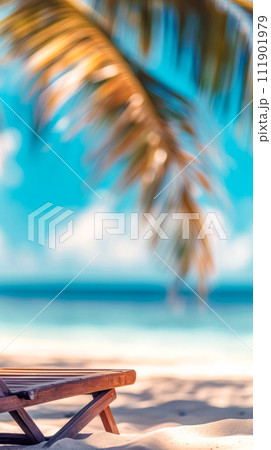 AI-generated content. vacation, single wooden sun lounger on a sandy beach with a softly focused palm tree overhead against a turquoise sea and blue sky, invoking a sense of a peaceful holiday retreat 111901979