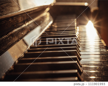 Side view of Classic grand piano keyboard. Antique piano keys and wood grain with sepia tone. 111901993