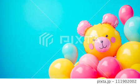 AI-generated content. Cute Yellow Teddy Bear and Pink Balloons on Vibrant Blue Background - Party Celebration Theme 111902002