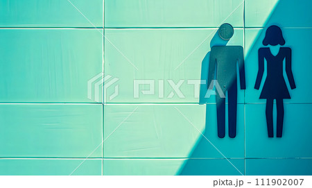 AI-generated content. Modern Male and Female Restroom Icons on Glossy Blue Tile Wall with Shadows 111902007