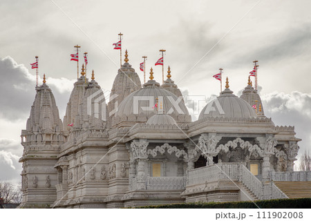 The exterior architectural design of the Neasden temple (BAPS Shri Swaminarayan Mandir). 111902008
