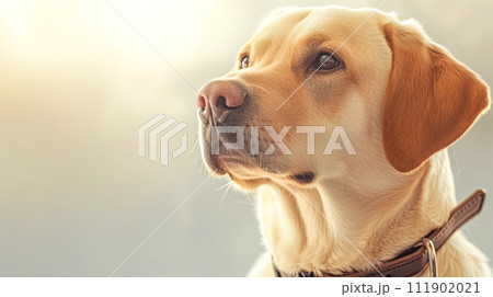 AI-generated content. Close up of a Fawn Dog breed with a collar, looking at the camera, copy space 111902021
