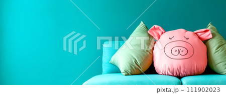 AI-generated content. Cute Pink Piggy Pillow on a Teal Sofa - Cozy and Playful Home Decor 111902023
