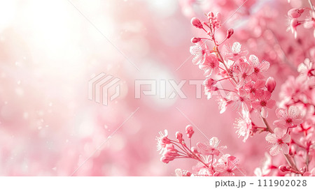 AI-generated content. Pink flower on tree twig: Flowery plant in magenta hues, copy space 111902028