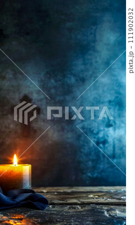 AI-generated content. single lit candle casting a warm glow against a dark, textured backdrop with a subtle cross silhouette, conveying a sense of hope, contemplation, and solemnity within a spiritual 111902032