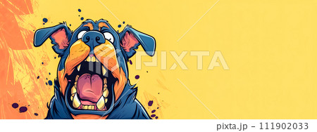 AI-generated content. A happy dog cartoon illustration on a yellow background, copy space 111902033