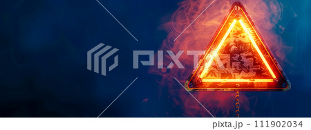 AI-generated content. Glowing Hazard Warning Sign with Reflective Orange Light and Smoke on Dark Background 111902034